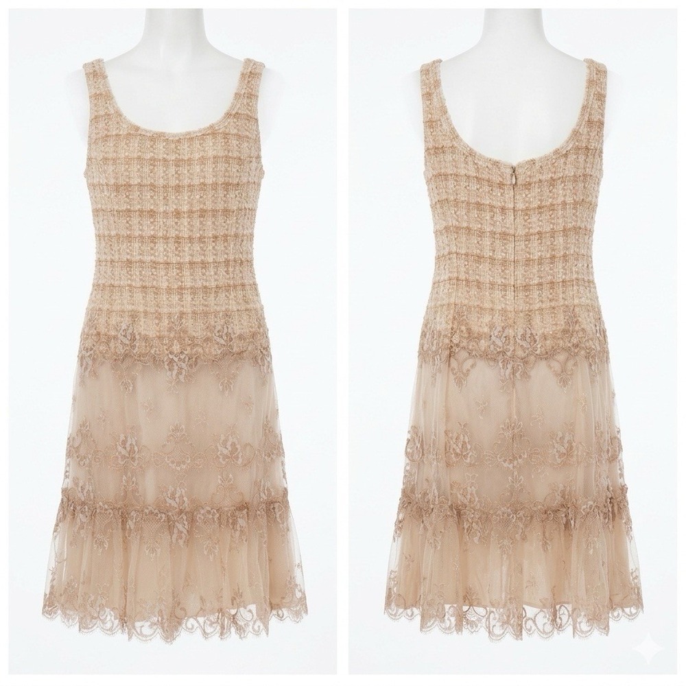 Albert Nipon Dress Size 6 Beige Tweed Lace Overlay Cocktail Wedding Old Money